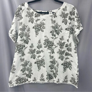 Liz Claiborne Linen Blend Floral Print Short Sleeve Boxy Top Raw Hem Size Large